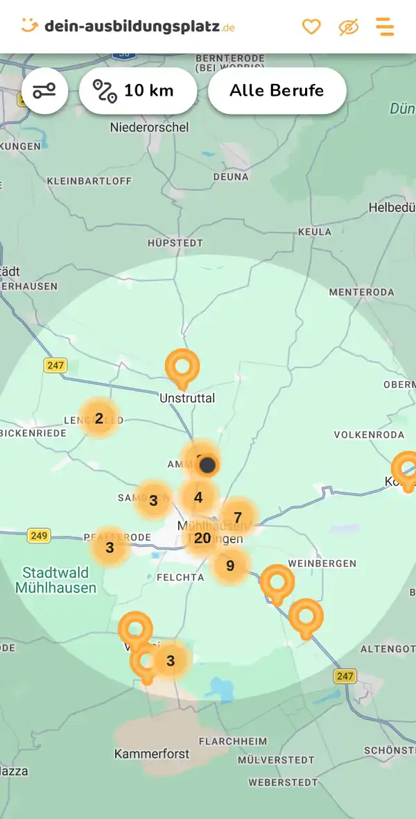Karte von dein-ausbildungsplatz.de: Ausbildungsbetriebe im Umkreis von 10 km um 99974 Mühlhausen/Thüringen