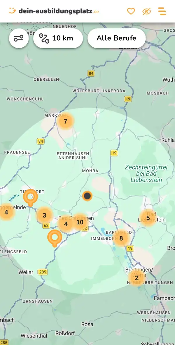 Karte von dein-ausbildungsplatz.de: Ausbildungsbetriebe im Umkreis von 10 km um 36433 Bad Salzungen