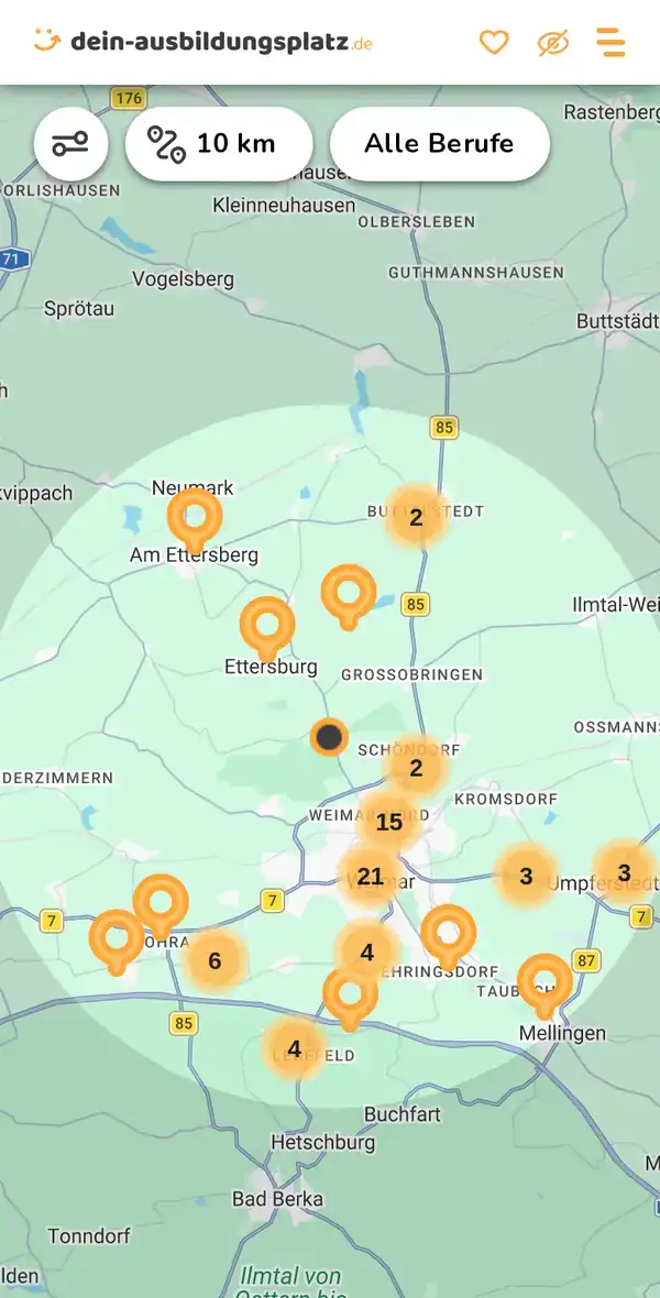 Karte von dein-ausbildungsplatz.de: Ausbildungsbetriebe im Umkreis von 10 km um 99427 Weimar