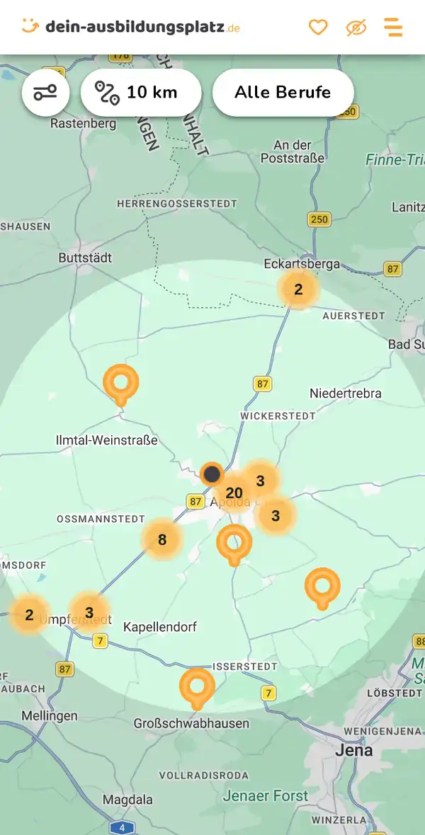 Karte von dein-ausbildungsplatz.de: Ausbildungsbetriebe im Umkreis von 10 km um 99510 Apolda