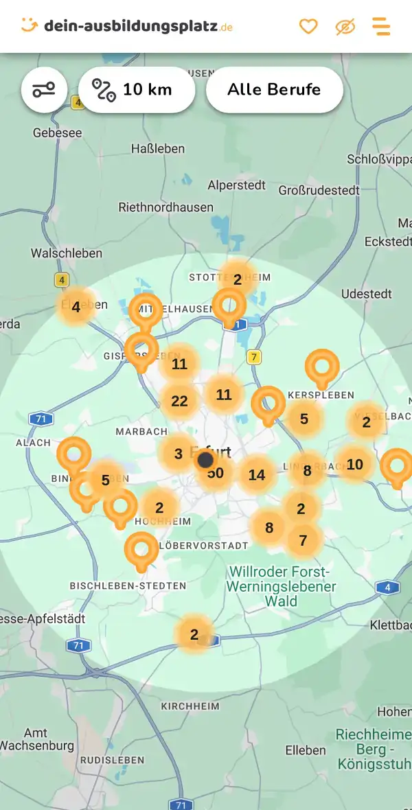 Karte von dein-ausbildungsplatz.de: Ausbildungsbetriebe im Umkreis von 10 km um 99084 Erfurt