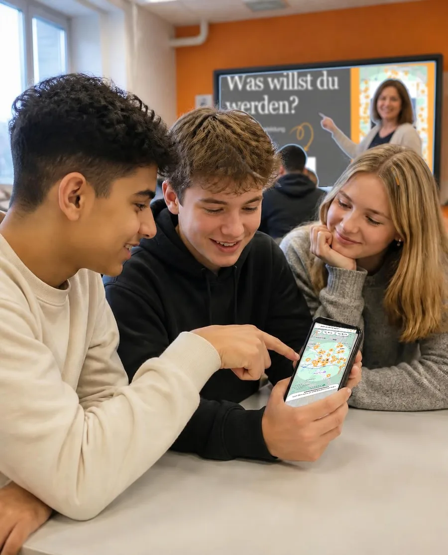 Schülerinnen und Schüler entdecken Ausbildungsbetriebe auf dem Handy